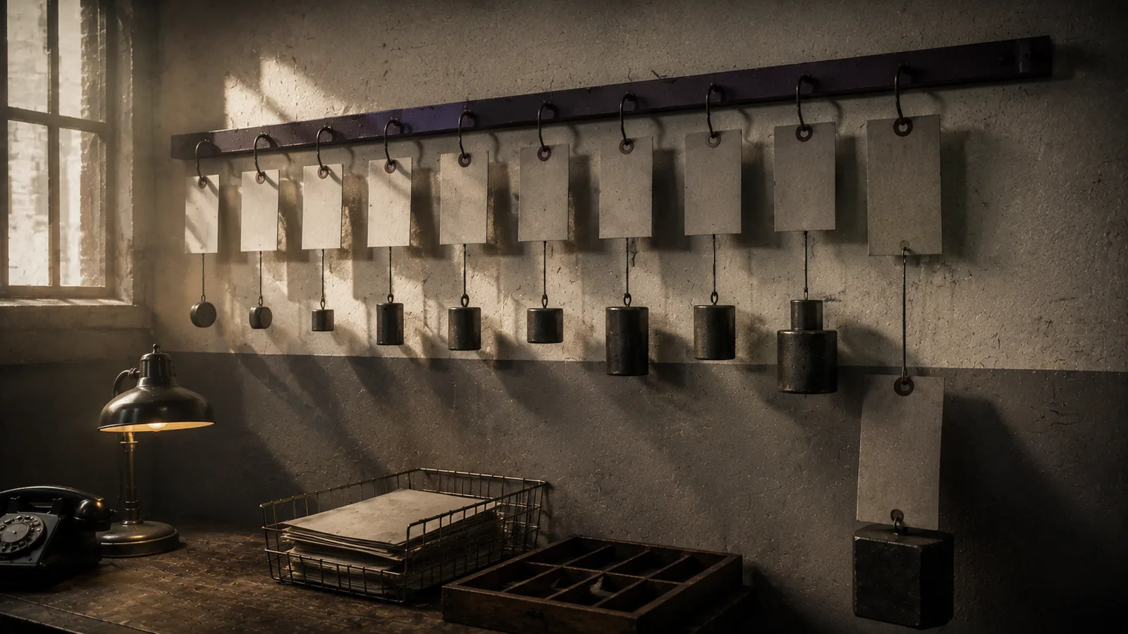 Eine Stahlschiene an einer Wand mit leeren Auftragskarten an Haken, an jeder Karte hängt ein Bleigewicht, die Gewichte sind unterschiedlich schwer und ziehen eine Karte deutlich nach unten.