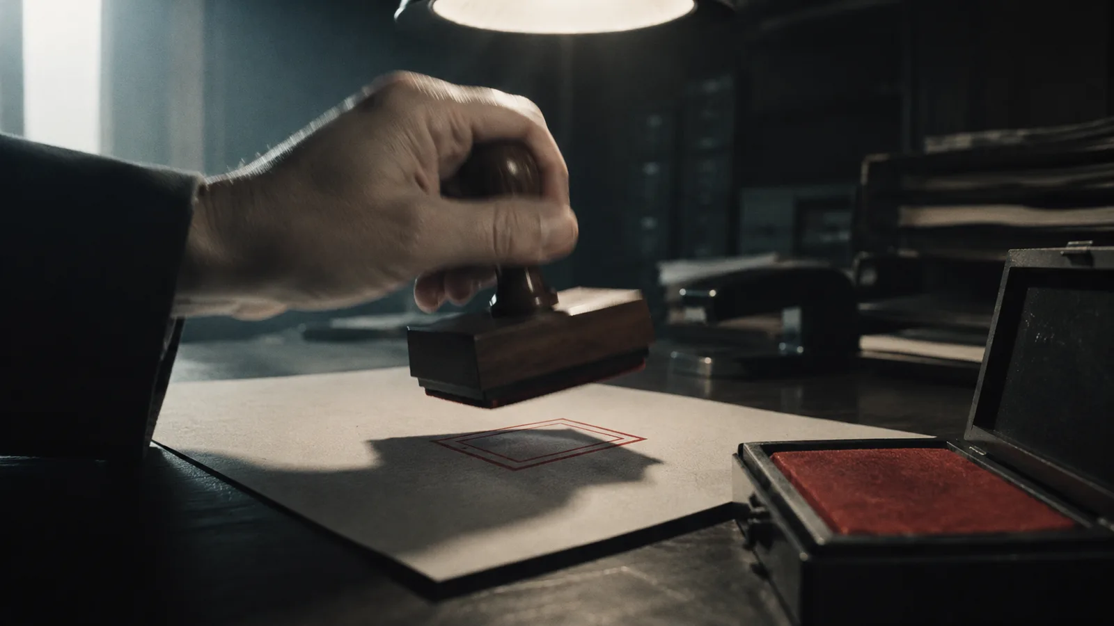 Eine Hand hebt einen Stempel von einem leeren Dokument ab und hinterlässt einen abstrakten roten Abdruck.